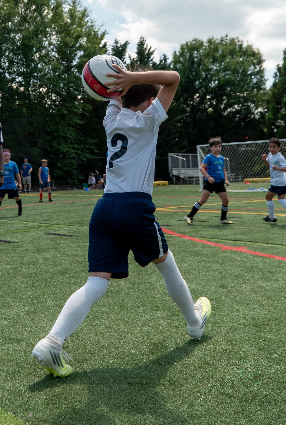 Youth soccer player throwing the ball in